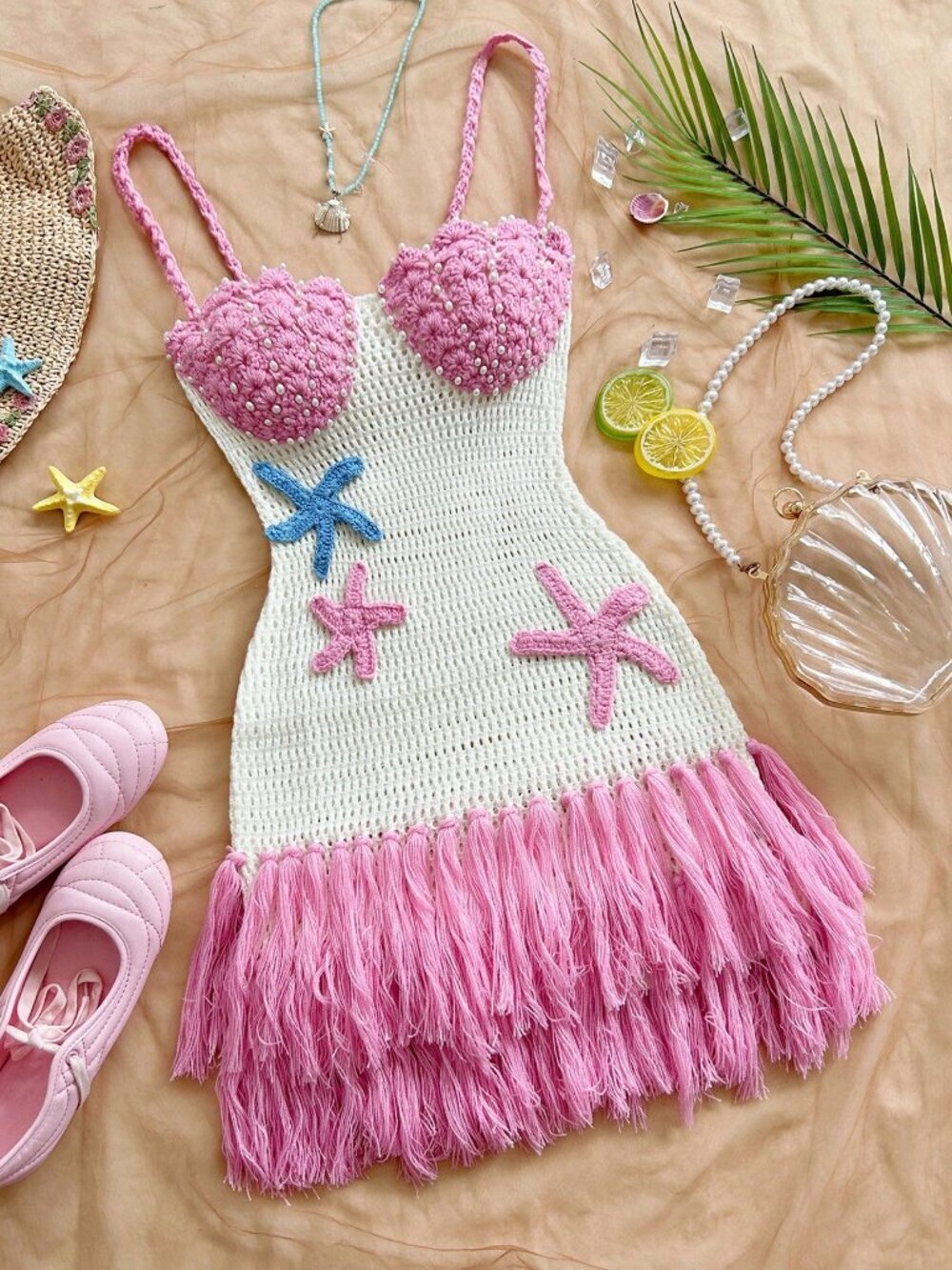 Multicolor Casual Women's Shell-Shaped Bustier Tassel Hem Mini Dress